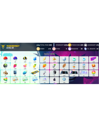 Legendary: 151 | Shiny: 171 | Hundo: 9 | ShinyLegend: 6 [Level: 60 | Stardust: 3.2m | Team: Instinct]
