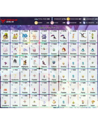 Legendary: 102 | Shiny: 111 | Hundo: 106 | ShinyLegend: 2 [Level: 60 | Stardust: 2.76m | Team: Valor]