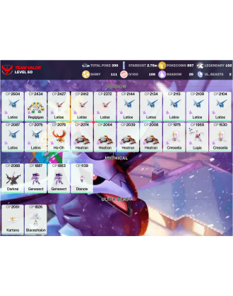 Legendary: 102 | Shiny: 111 | Hundo: 106 | ShinyLegend: 2 [Level: 60 | Stardust: 2.76m | Team: Valor]