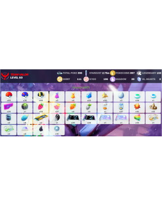 Legendary: 102 | Shiny: 111 | Hundo: 106 | ShinyLegend: 2 [Level: 60 | Stardust: 2.76m | Team: Valor]