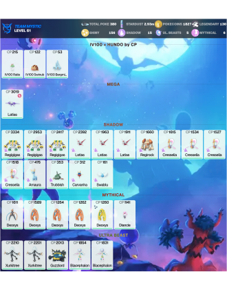 Legendary: 130 | Shiny: 156 | ShinyLegend: 7 [Level: 61 | Stardust: 2.93m | Team: Mystic]