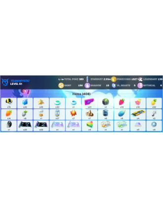 Legendary: 130 | Shiny: 156 | ShinyLegend: 7 [Level: 61 | Stardust: 2.93m | Team: Mystic]