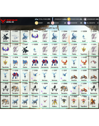 Legendary: 151 | Shiny: 181 | Hundo: 14 | ShinyLegend: 5 [Level: 60 | Stardust: 2.47m | Team: Valor]