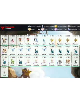 Legendary: 151 | Shiny: 181 | Hundo: 14 | ShinyLegend: 5 [Level: 60 | Stardust: 2.47m | Team: Valor]