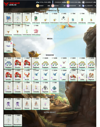 Legendary: 151 | Shiny: 181 | Hundo: 14 | ShinyLegend: 5 [Level: 60 | Stardust: 2.47m | Team: Valor]