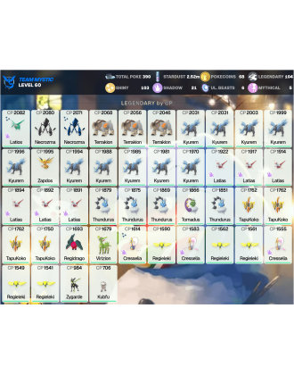 Legendary: 104 | Shiny: 103 | ShinyLegend: 10 [Level: 60 | Stardust: 2.52m | Team: Mystic]