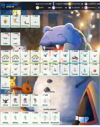 Legendary: 104 | Shiny: 103 | ShinyLegend: 10 [Level: 60 | Stardust: 2.52m | Team: Mystic]