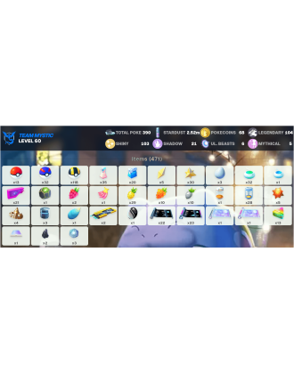 Legendary: 104 | Shiny: 103 | ShinyLegend: 10 [Level: 60 | Stardust: 2.52m | Team: Mystic]