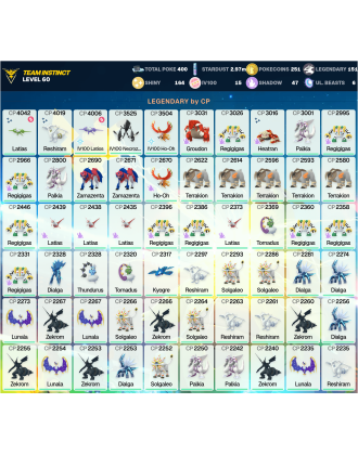 Legendary: 151 | Shiny: 164 | Hundo: 15 | ShinyLegend: 8 [Level: 60 | Stardust: 2.98m | Team: Instinct]