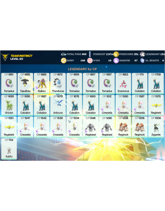 Legendary: 151 | Shiny: 164 | Hundo: 15 | ShinyLegend: 8 [Level: 60 | Stardust: 2.98m | Team: Instinct]