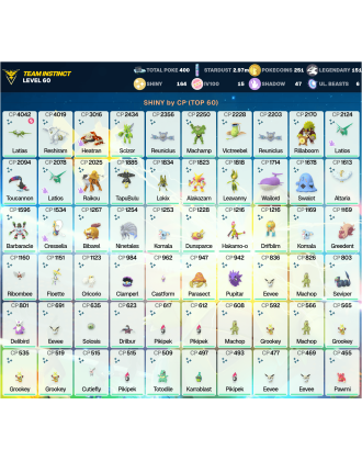 Legendary: 151 | Shiny: 164 | Hundo: 15 | ShinyLegend: 8 [Level: 60 | Stardust: 2.98m | Team: Instinct]