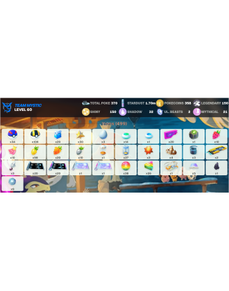 Legendary: 150 | Shiny: 150 | ShinyLegend: 10 [Level: 60 | Stardust: 1.71m | Team: Mystic]