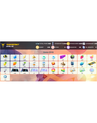 Legendary: 156 | Shiny: 194 | Hundo: 8 | ShinyLegend: 1 [Level: 62 | Stardust: 3.3m | Team: Instinct]