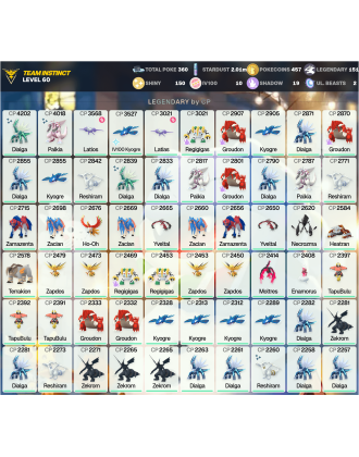 Legendary: 151 | Shiny: 150 | Hundo: 10 | ShinyLegend: 7 [Level: 60 | Stardust: 2.02m | Team: Instinct]