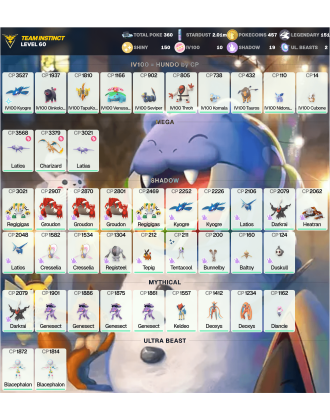 Legendary: 151 | Shiny: 150 | Hundo: 10 | ShinyLegend: 7 [Level: 60 | Stardust: 2.02m | Team: Instinct]