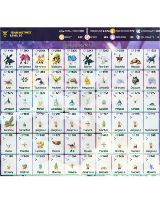 Legendary: 102 | Shiny: 127 | Hundo: 106 | ShinyLegend: 9 [Level: 60 | Stardust: 2.38m | Team: Instinct]