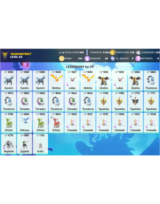 Legendary: 153 | Shiny: 151 | ShinyLegend: 7 [Level: 60 | Stardust: 2.66m | Team: Instinct]