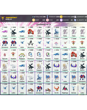 Legendary: 102 | Shiny: 130 | Hundo: 105 | ShinyLegend: 3 [Level: 61 | Stardust: 3.87m | Team: Instinct]