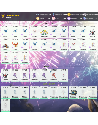 Legendary: 102 | Shiny: 130 | Hundo: 105 | ShinyLegend: 3 [Level: 61 | Stardust: 3.87m | Team: Instinct]