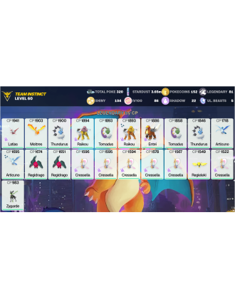 Legendary: 81 | Shiny: 104 | Hundo: 86 | ShinyLegend: 6 [Level: 60 | Stardust: 3.66m | Team: Instinct]