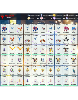 Legendary: 123 | Shiny: 141 | Hundo: 8 | ShinyLegend: 9 [Level: 60 | Stardust: 2.37m | Team: Valor]