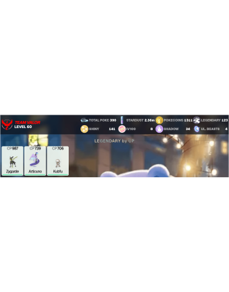 Legendary: 123 | Shiny: 141 | Hundo: 8 | ShinyLegend: 9 [Level: 60 | Stardust: 2.37m | Team: Valor]