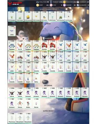 Legendary: 123 | Shiny: 141 | Hundo: 8 | ShinyLegend: 9 [Level: 60 | Stardust: 2.37m | Team: Valor]