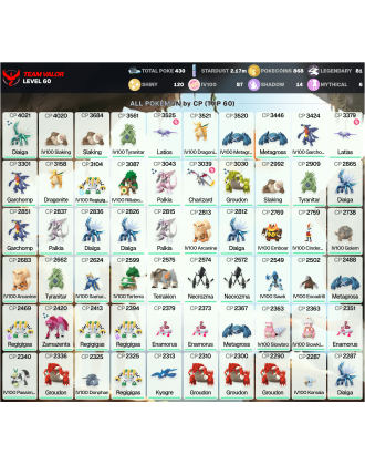 Legendary: 81 | Shiny: 120 | Hundo: 87 | ShinyLegend: 6 [Level: 60 | Stardust: 2.17m | Team: Valor]