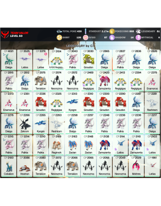 Legendary: 81 | Shiny: 120 | Hundo: 87 | ShinyLegend: 6 [Level: 60 | Stardust: 2.17m | Team: Valor]