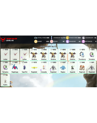 Legendary: 81 | Shiny: 120 | Hundo: 87 | ShinyLegend: 6 [Level: 60 | Stardust: 2.17m | Team: Valor]