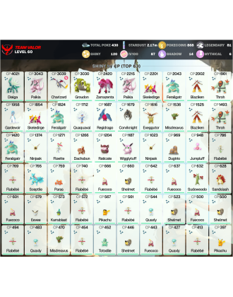 Legendary: 81 | Shiny: 120 | Hundo: 87 | ShinyLegend: 6 [Level: 60 | Stardust: 2.17m | Team: Valor]