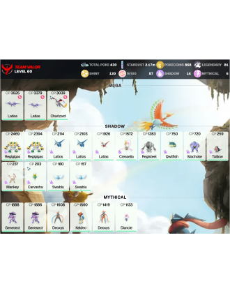 Legendary: 81 | Shiny: 120 | Hundo: 87 | ShinyLegend: 6 [Level: 60 | Stardust: 2.17m | Team: Valor]