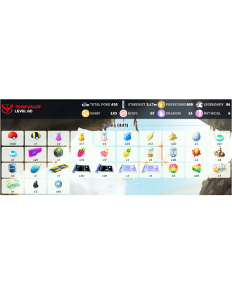Legendary: 81 | Shiny: 120 | Hundo: 87 | ShinyLegend: 6 [Level: 60 | Stardust: 2.17m | Team: Valor]