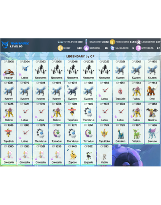 Legendary: 107 | Shiny: 100 | ShinyLegend: 6 [Level: 60 | Stardust: 2.63m | Team: Mystic]
