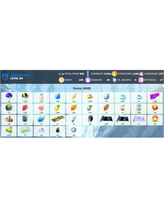 Legendary: 107 | Shiny: 100 | ShinyLegend: 6 [Level: 60 | Stardust: 2.63m | Team: Mystic]
