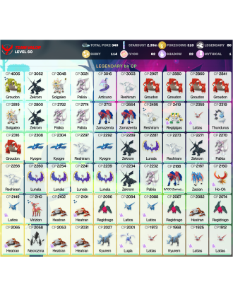 Legendary: 80 | Shiny: 114 | Hundo: 82 | ShinyLegend: 6 [Level: 60 | Stardust: 2.39m | Team: Valor]