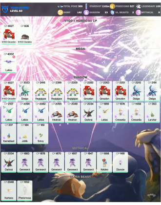 Legendary: 100 | Shiny: 142 | ShinyLegend: 5 [Level: 60 | Stardust: 2.62m | Team: Mystic]