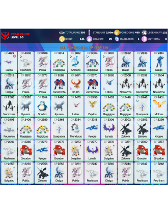 Legendary: 121 | Shiny: 141 | ShinyLegend: 10 [Level: 60 | Stardust: 2.9m | Team: Valor]