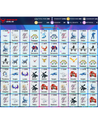Legendary: 121 | Shiny: 141 | ShinyLegend: 10 [Level: 60 | Stardust: 2.9m | Team: Valor]