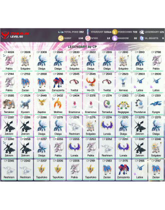 Legendary: 121 | Shiny: 134 | Hundo: 12 | ShinyLegend: 5 [Level: 60 | Stardust: 3.62m | Team: Valor]