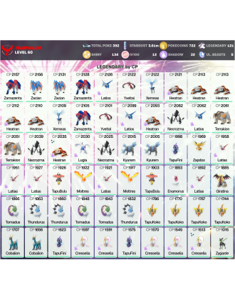 Legendary: 121 | Shiny: 134 | Hundo: 12 | ShinyLegend: 5 [Level: 60 | Stardust: 3.62m | Team: Valor]