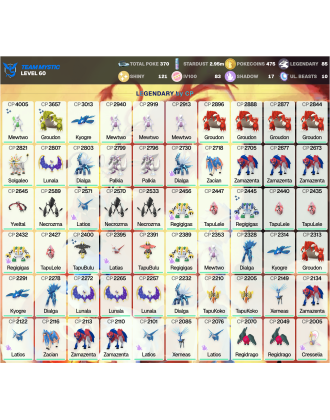 Legendary: 85 | Shiny: 121 | Hundo: 83 | ShinyLegend: 4 [Level: 60 | Stardust: 2.96m | Team: Mystic]