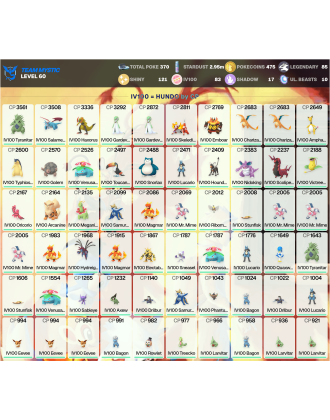 Legendary: 85 | Shiny: 121 | Hundo: 83 | ShinyLegend: 4 [Level: 60 | Stardust: 2.96m | Team: Mystic]