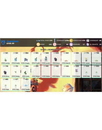 Legendary: 85 | Shiny: 121 | Hundo: 83 | ShinyLegend: 4 [Level: 60 | Stardust: 2.96m | Team: Mystic]