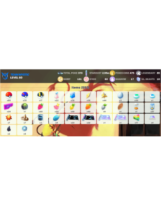 Legendary: 85 | Shiny: 121 | Hundo: 83 | ShinyLegend: 4 [Level: 60 | Stardust: 2.96m | Team: Mystic]