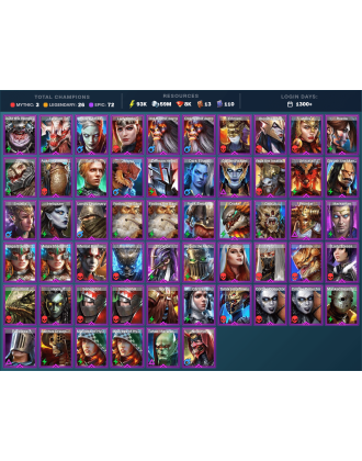 Siegfrund Mythical | 26 Legend | 72 Epic | 8.1K Gems | 94K Energy | 1300+ Days [Aphidus the Hivelord | Mezomel | Ninja | Guurda]