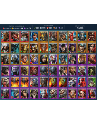 Alaz Mythical | 24 Legend | 76 Epic | 8.3K Gems | 88K Energy | 1300+ Days [Fjorad | Ash'nar | Ninja | Iron | Roshcard the Tower]