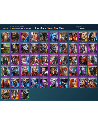 Alaz Mythical | 24 Legend | 76 Epic | 8.3K Gems | 88K Energy | 1300+ Days [Fjorad | Ash'nar | Ninja | Iron | Roshcard the Tower]