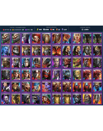Frolni Mythical | 27 Legend | 74 Epic | 8.3K Gems | 95K Energy | 1300+ Days [Joan the Luminant | Fjorad | Ninja | Krok'mar]