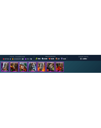 Gharol Bloodmaul Mythical | 28 Legend | 78 Epic | 8.4K Gems | 96K Energy | 1300+ Days [Galleus | Mezomel | Ninja | Dracomorph]